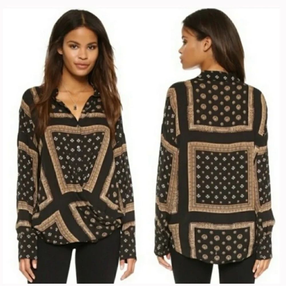 Black and Tan Printed V-Neck Blouse